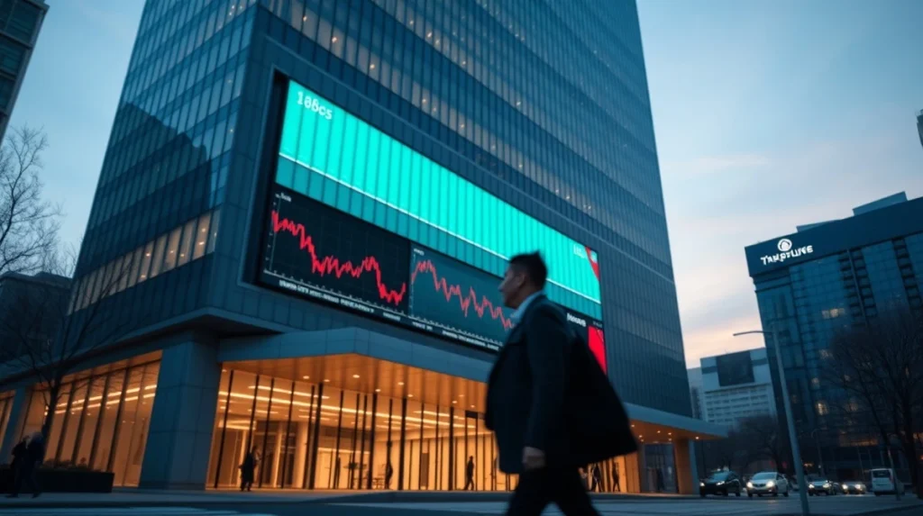 Seoul high-rise building with digital crypto trading charts showing decline at dusk