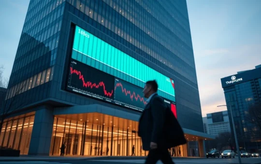 Seoul high-rise building with digital crypto trading charts showing decline at dusk