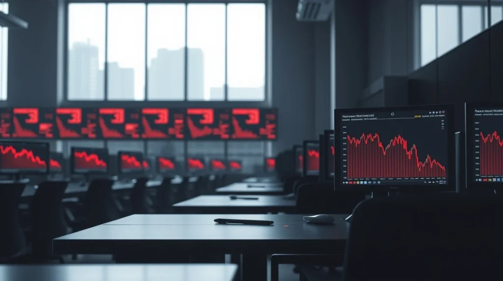 Empty trading desk in Seoul with cryptocurrency charts showing decline