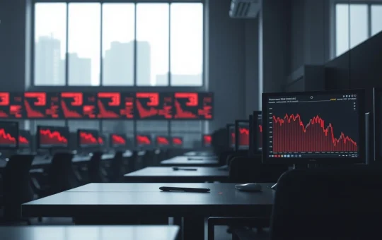Empty trading desk in Seoul with cryptocurrency charts showing decline