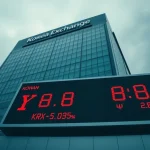 Korea Exchange building in Busan with red stock ticker showing market decline