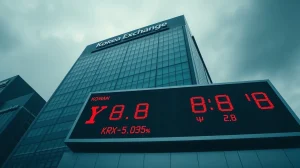 Korea Exchange building in Busan with red stock ticker showing market decline
