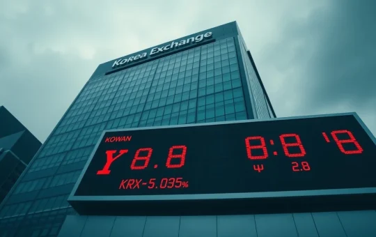 Korea Exchange building in Busan with red stock ticker showing market decline