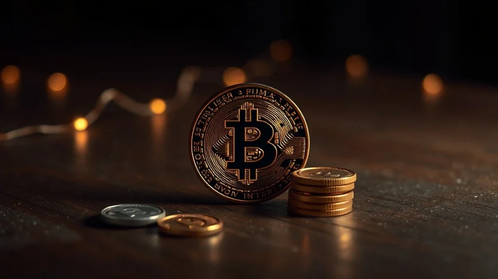 Bitcoin coin with stablecoin tokens in dim lighting, representing declining crypto market liquidity
