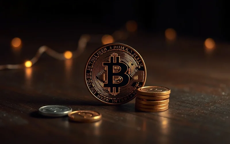 Bitcoin coin with stablecoin tokens in dim lighting, representing declining crypto market liquidity
