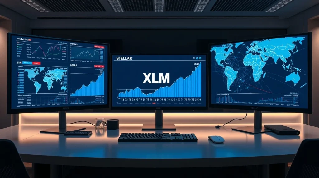 Professional trading desk with Stellar XLM charts and global payment network maps on monitors