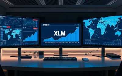 Professional trading desk with Stellar XLM charts and global payment network maps on monitors