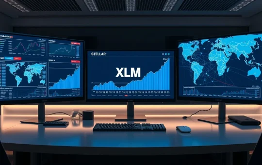 Professional trading desk with Stellar XLM charts and global payment network maps on monitors