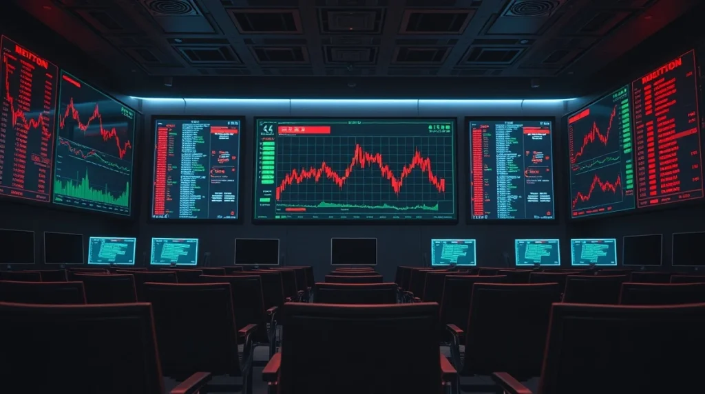Bitcoin price chart showing decline on trading floor monitors