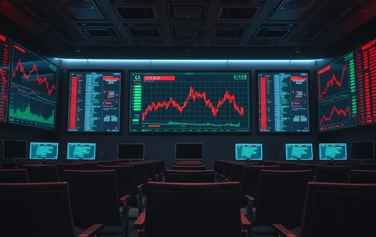Bitcoin price chart showing decline on trading floor monitors