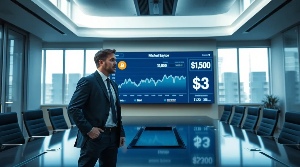 Michael Saylor in a boardroom with a digital display showing Bitcoin chart and a $3 billion cash reserve balance.