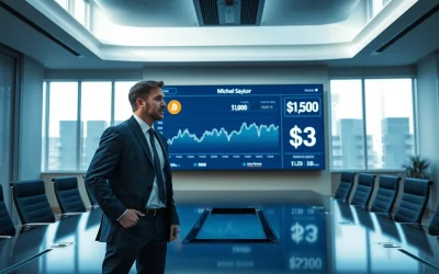 Michael Saylor in a boardroom with a digital display showing Bitcoin chart and a $3 billion cash reserve balance.