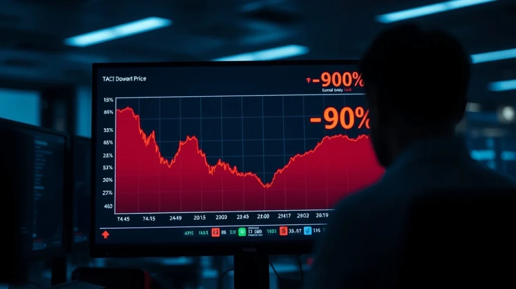 Digital screen showing TAC token price chart with a 90% crash