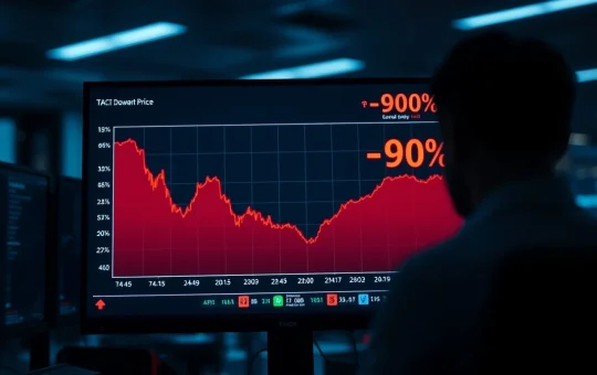 Digital screen showing TAC token price chart with a 90% crash