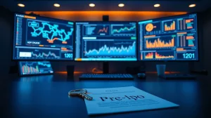 Blockchain data monitors on a modern trading desk with a tokenized pre-IPO document in foreground.