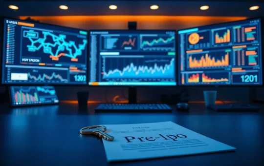 Blockchain data monitors on a modern trading desk with a tokenized pre-IPO document in foreground.
