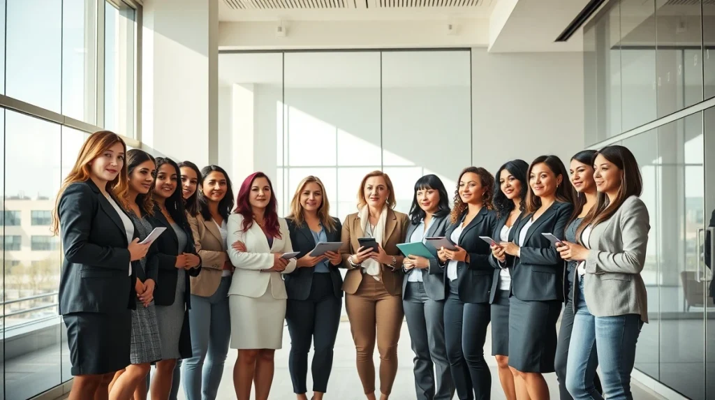 Group of 20 professional women leaders in crypto and blockchain in a modern office setting