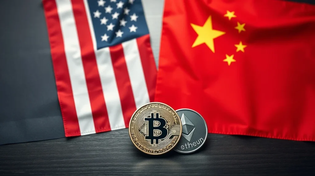 US and Chinese flags with Bitcoin and Ethereum coins on a desk, representing geopolitical competition in crypto.