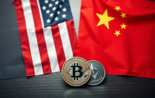 US and Chinese flags with Bitcoin and Ethereum coins on a desk, representing geopolitical competition in crypto.