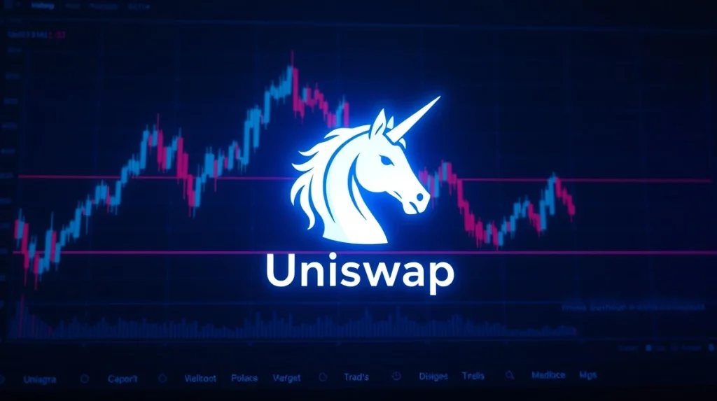 Uniswap logo on a trading chart with a bullish breakout above a descending trendline.