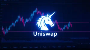 Uniswap logo on a trading chart with a bullish breakout above a descending trendline.