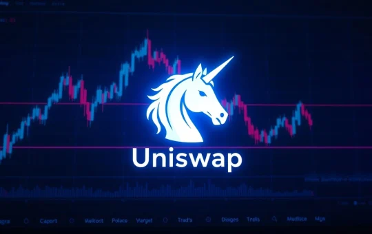 Uniswap logo on a trading chart with a bullish breakout above a descending trendline.