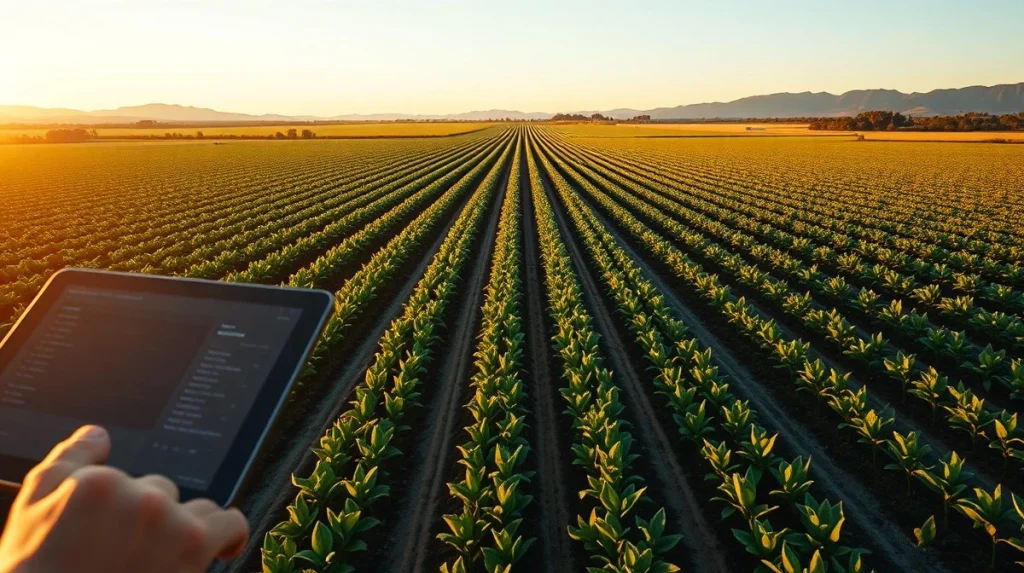 Brazilian soybean farm with digital blockchain and satellite data overlay representing agritech tokenization.