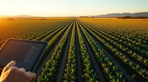 Brazilian soybean farm with digital blockchain and satellite data overlay representing agritech tokenization.