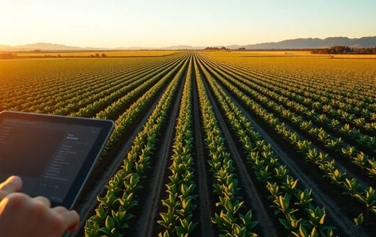 Brazilian soybean farm with digital blockchain and satellite data overlay representing agritech tokenization.