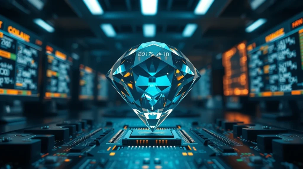 Diamond-shaped crystal representing Diamond iO cryptographic primitive on a circuit board in a research lab.