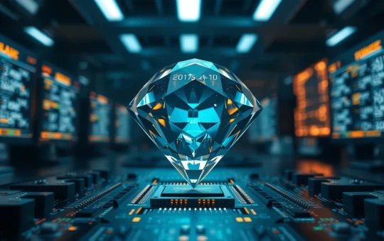 Diamond-shaped crystal representing Diamond iO cryptographic primitive on a circuit board in a research lab.