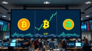 Digital display showing Bitcoin, XRP, and Dogecoin price charts with green upward trends on a trading floor.