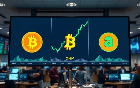 Digital display showing Bitcoin, XRP, and Dogecoin price charts with green upward trends on a trading floor.