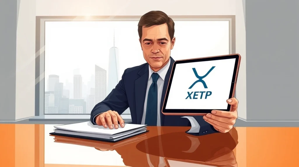 Financial advisor reviewing XRP ETF documents on a tablet in a modern office