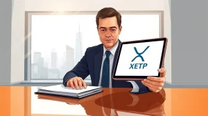 Financial advisor reviewing XRP ETF documents on a tablet in a modern office