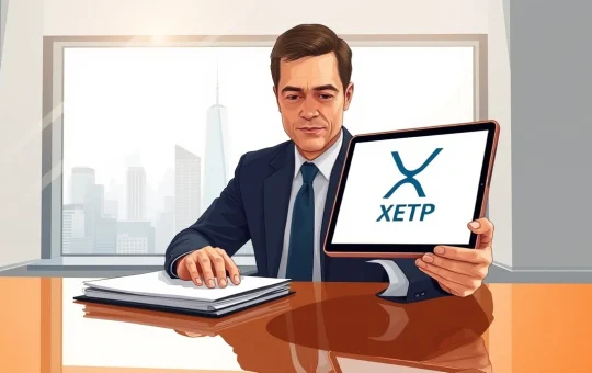 Financial advisor reviewing XRP ETF documents on a tablet in a modern office