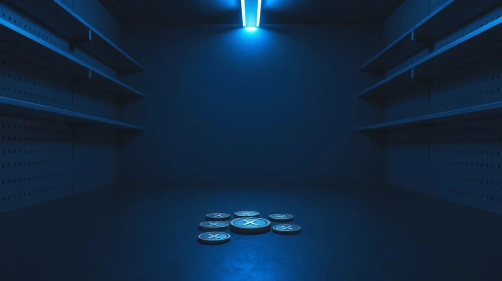 Empty cryptocurrency exchange shelf with a few XRP coins, illustrating scarcity on Binance.