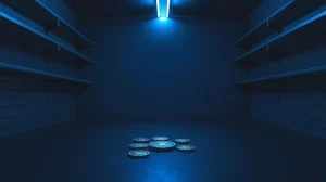 Empty cryptocurrency exchange shelf with a few XRP coins, illustrating scarcity on Binance.