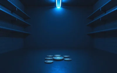 Empty cryptocurrency exchange shelf with a few XRP coins, illustrating scarcity on Binance.