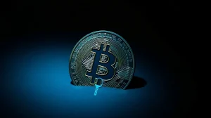 Bitcoin coin with a digital key icon floating away in a dark void, representing lost keys and supply cap debate.