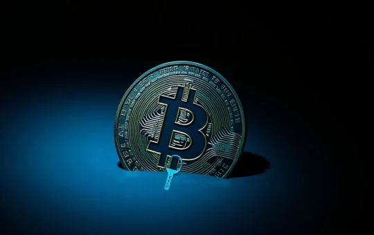 Bitcoin coin with a digital key icon floating away in a dark void, representing lost keys and supply cap debate.