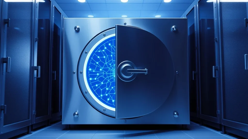 Digital vault door with blockchain pattern representing Zcash network security and the Ironwood upgrade