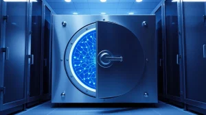 Digital vault door with blockchain pattern representing Zcash network security and the Ironwood upgrade