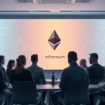 Aave founder Stani Kulechov criticizing EIP-8361 at a blockchain conference with a chart of declining staking rewards.