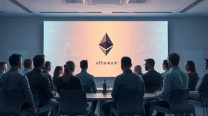 Aave founder Stani Kulechov criticizing EIP-8361 at a blockchain conference with a chart of declining staking rewards.