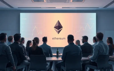 Aave founder Stani Kulechov criticizing EIP-8361 at a blockchain conference with a chart of declining staking rewards.