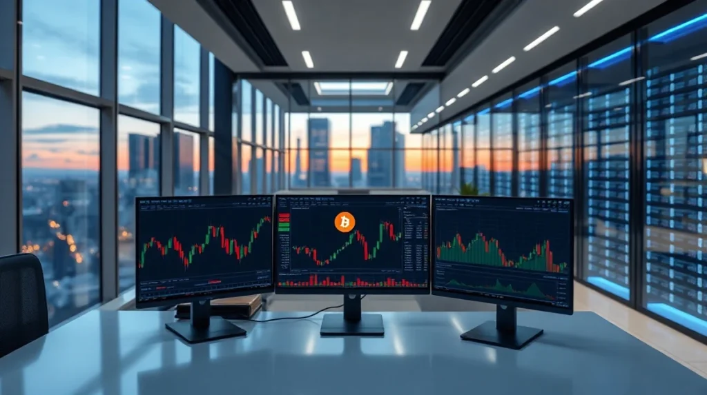 Trading desk with crypto charts in foreground, AI data center in background, representing liquidity shift