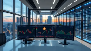 Trading desk with crypto charts in foreground, AI data center in background, representing liquidity shift