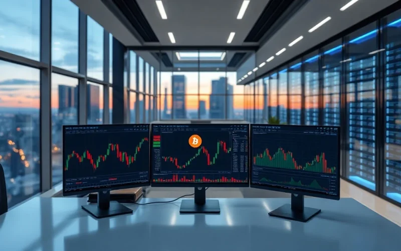 Trading desk with crypto charts in foreground, AI data center in background, representing liquidity shift