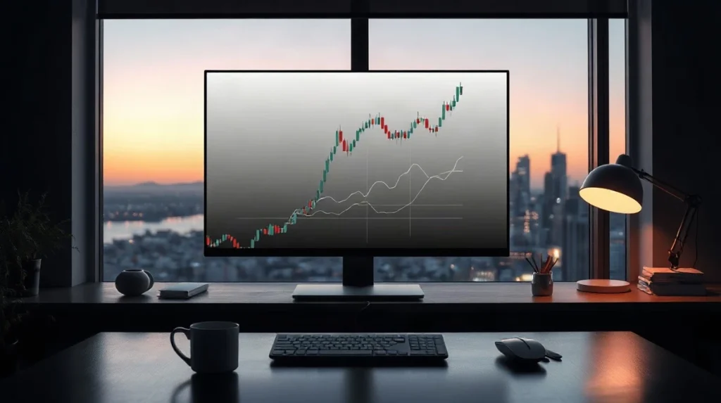 AI trading analysis on a monitor with candlestick charts in a modern office